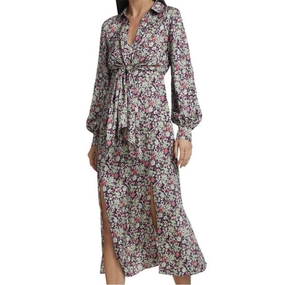 Cinq a Sept Quin Floral Print Front Tie Long Sleeve Slip Dress High Double Slit